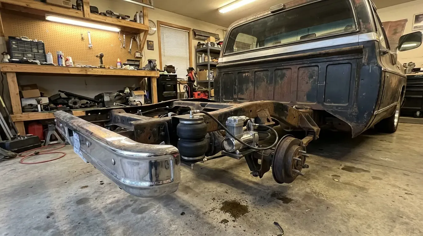 C10 rear corner air ride bag and compressor detail