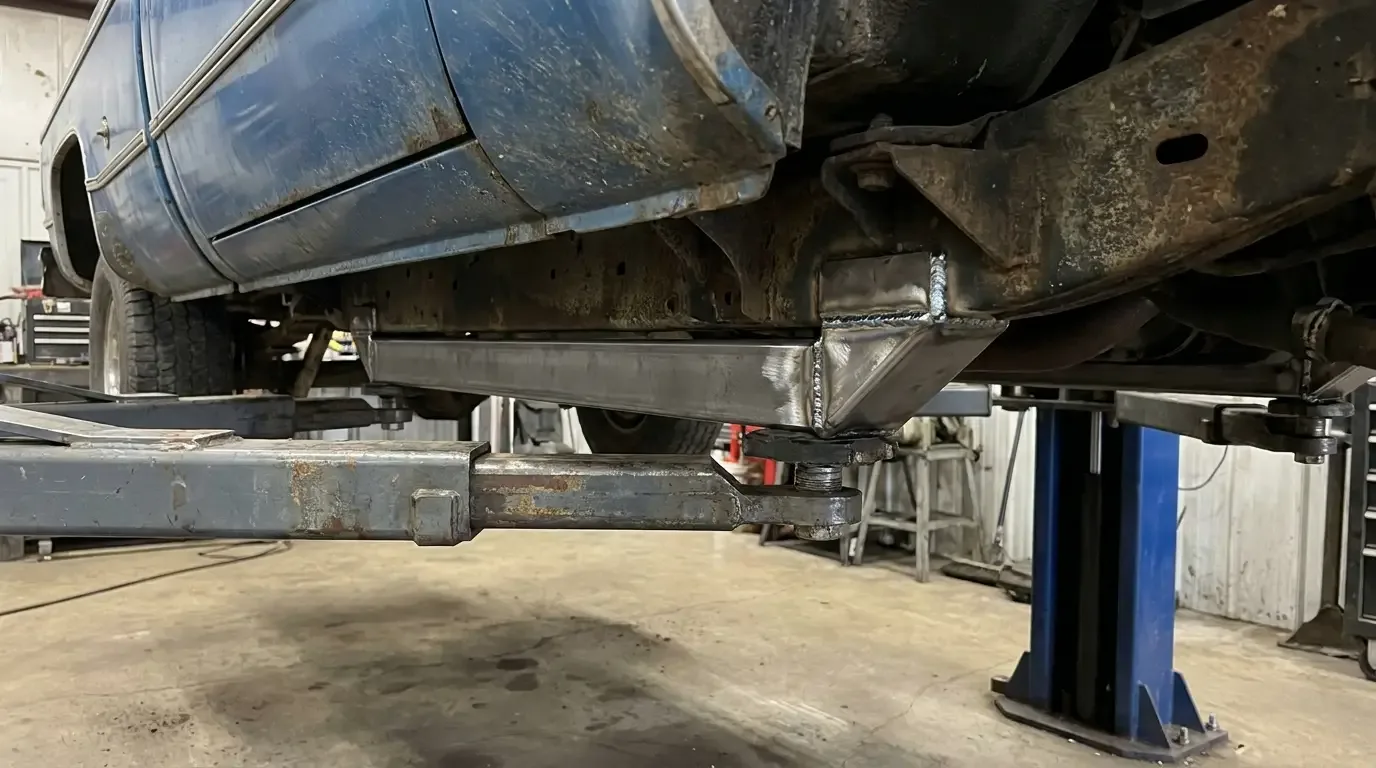 C10 subframe connector -- boxed weld freshly finished on lift