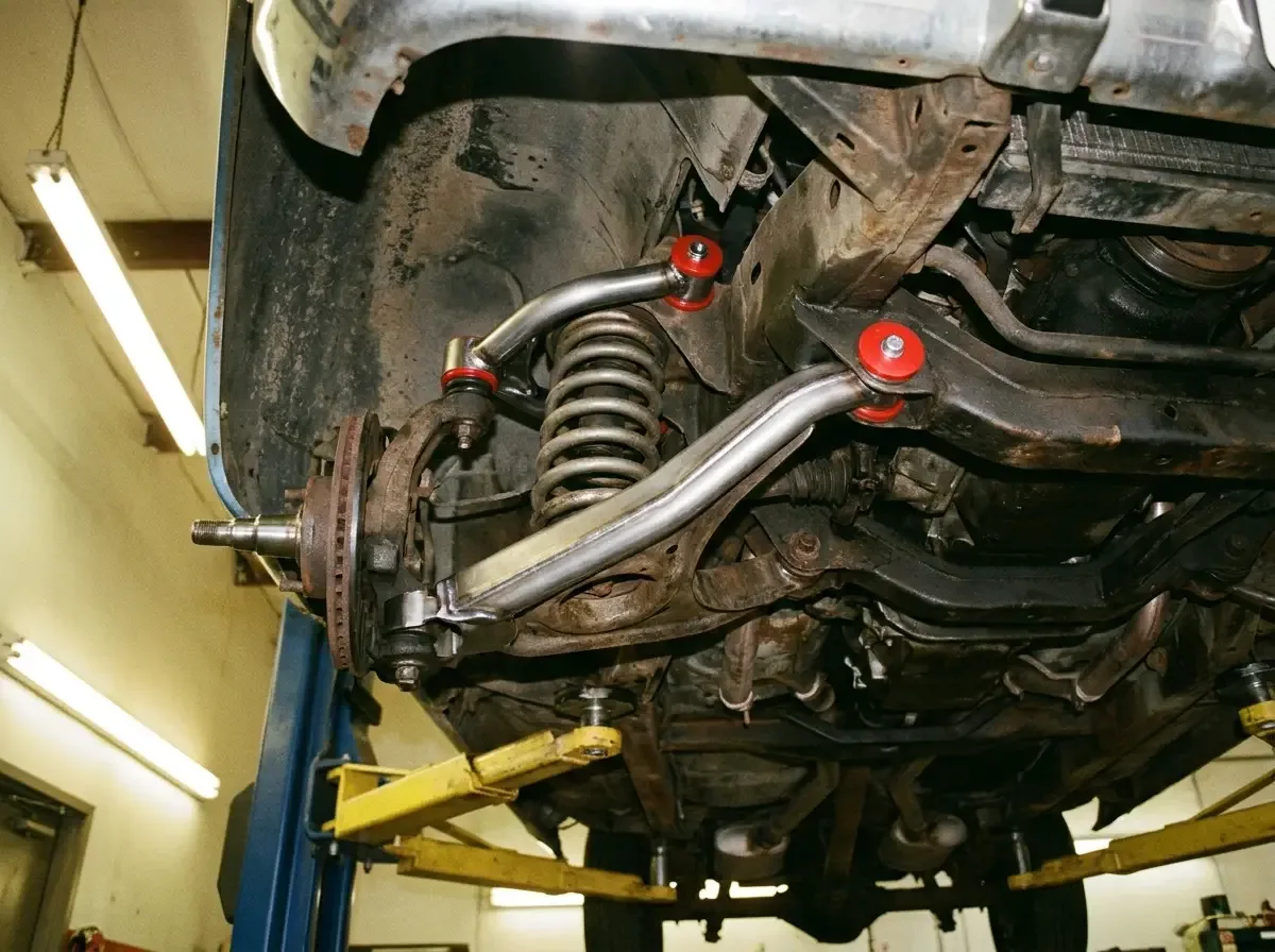 New tubular upper control arm bolted to a C10 front crossmember