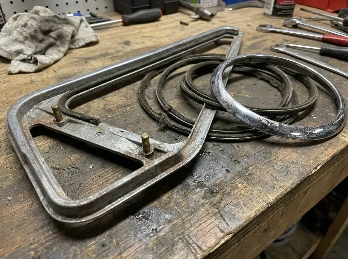 1970 Chevrolet C10 vent window frame -- disassembled on the workbench