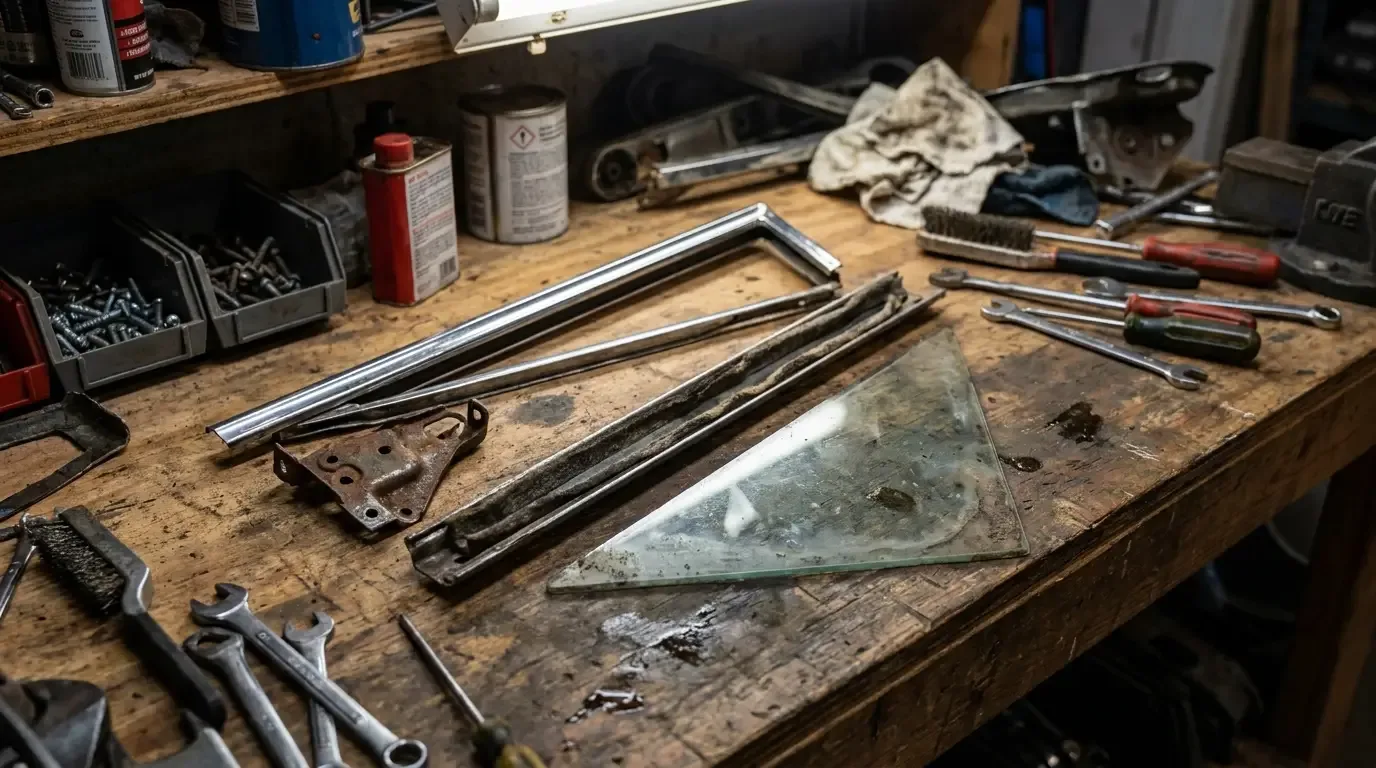 1970 Chevrolet C10 vent window -- disassembled on workbench