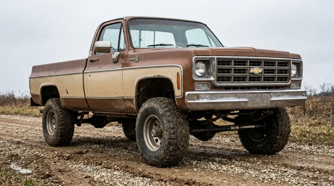 1978 Chevrolet K10 -- lifted front stance showing solid front axle