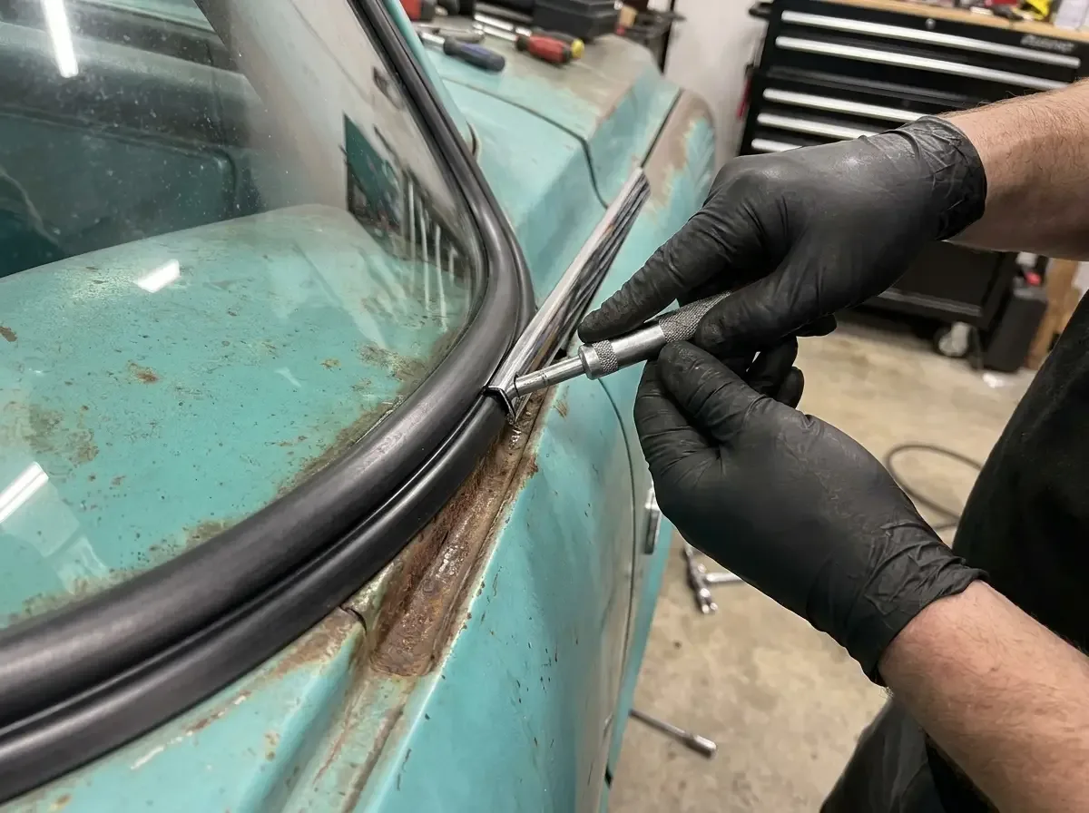 1968 Chevrolet C10 windshield seal -- locking strip installation detail