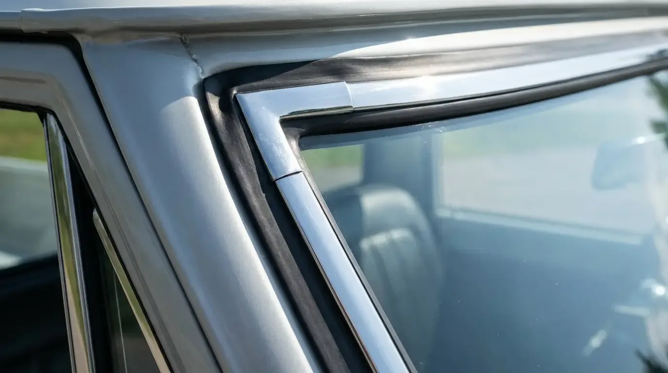1968 Chevrolet C10 windshield seal -- glass and trim detail