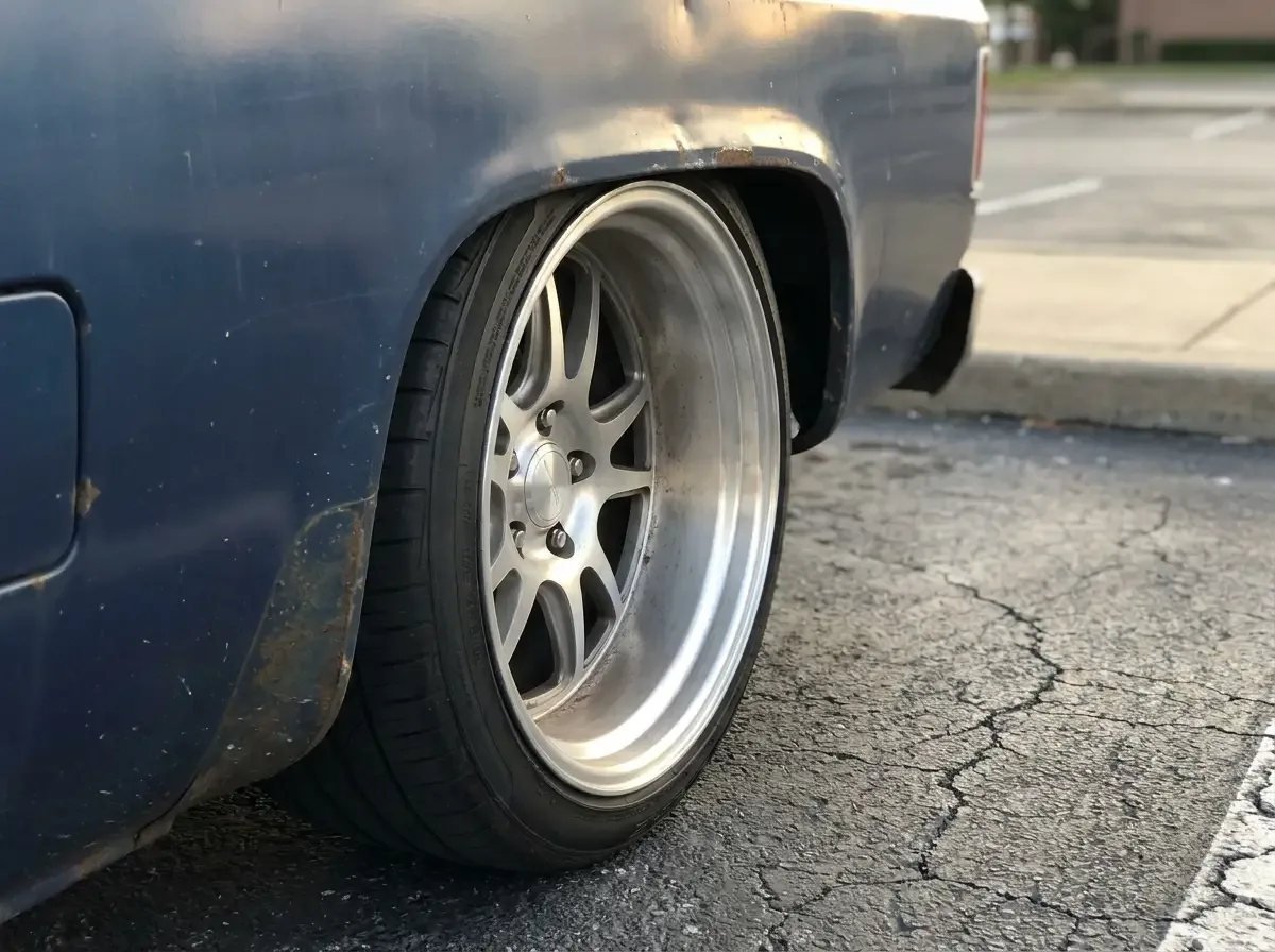 Lowered C10 rear wheel tucked tight in fender