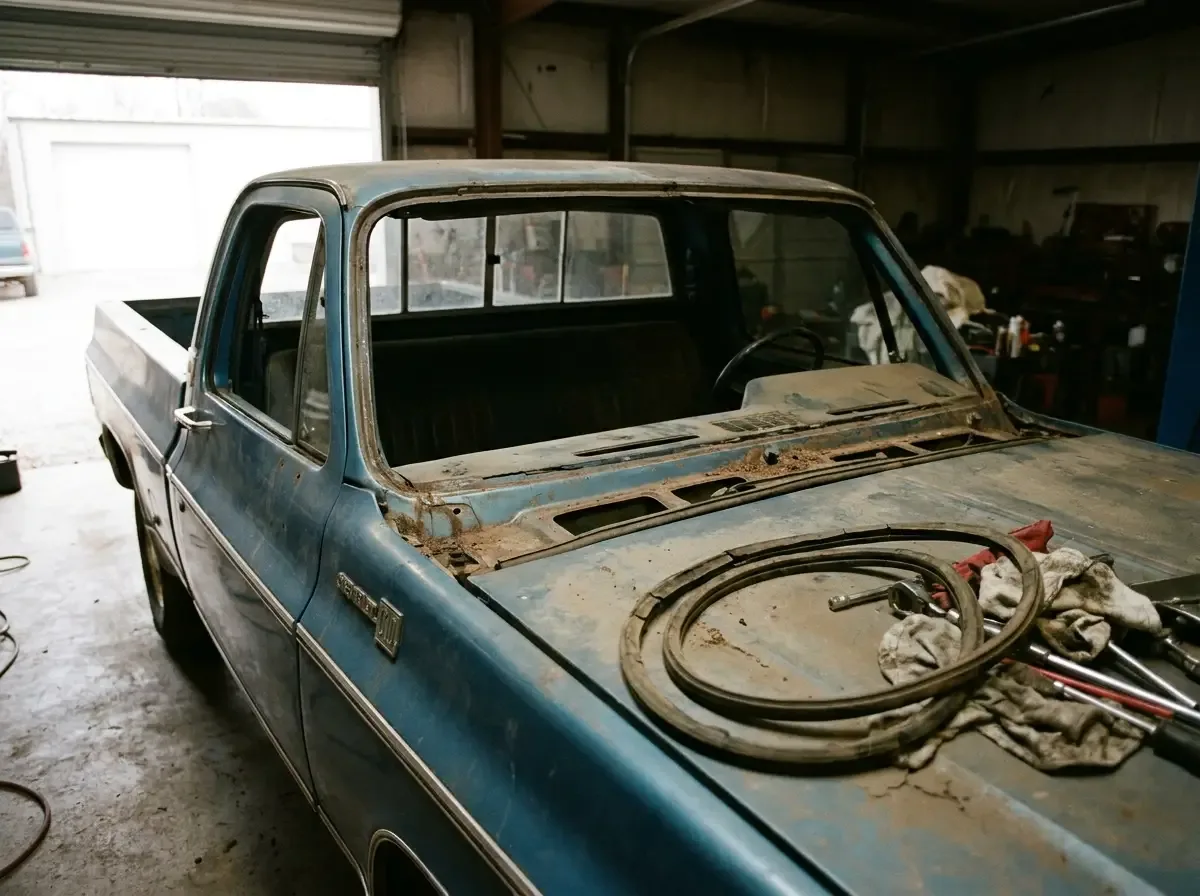 1970s Chevrolet C10 windshield removed -- bare pinch weld and cowl exposed