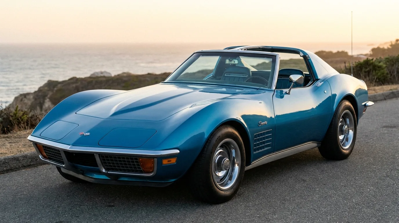 1970 Chevrolet Corvette C3 coupe in Bridgehampton Blue, three-quarter view showing perfect restoration