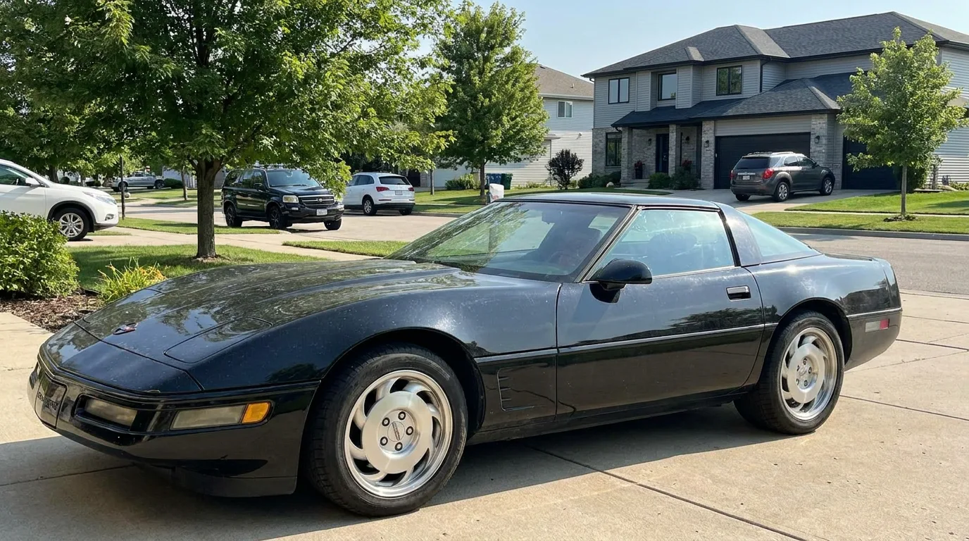 1990 Chevrolet Corvette C4 coupe in black paint in an everyday suburban setting, showing its practical daily driver appeal