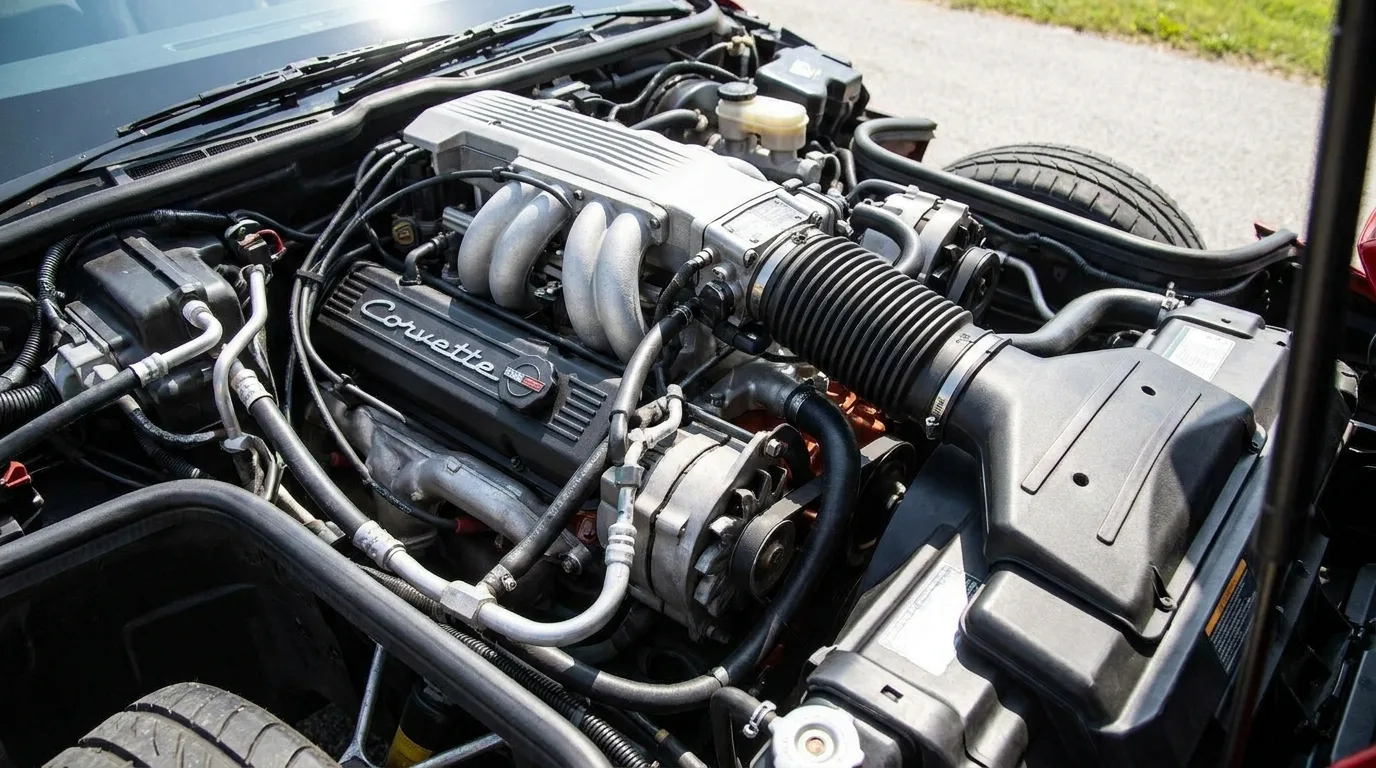 1992 Chevrolet Corvette LT1 engine bay showing the new-generation small-block V8 with reverse-cooling system