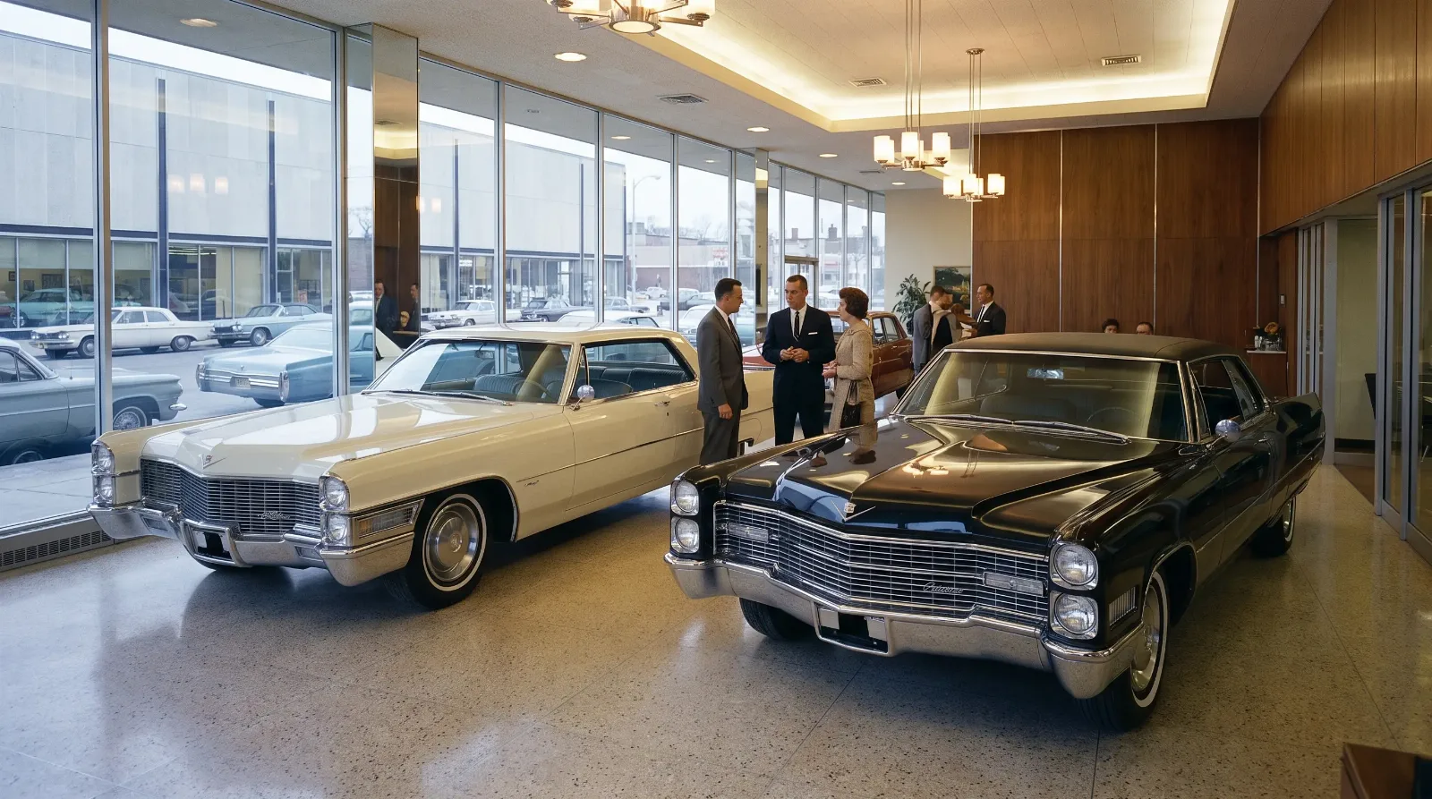 1960s Cadillac dealership showroom with new cars behind plate glass