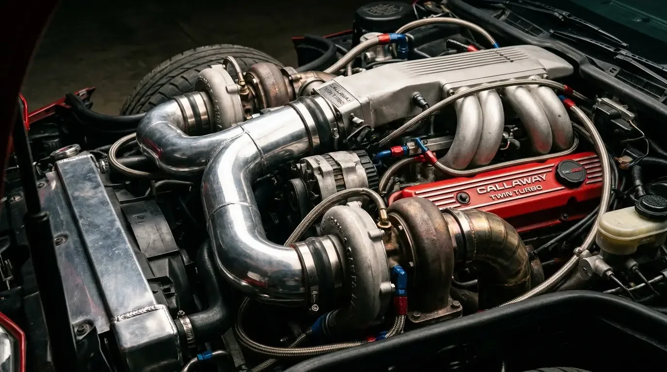Engine bay detail of a 1987 Callaway Twin Turbo Corvette C4 showing twin turbochargers and intercooler piping under dramatic studio lighting