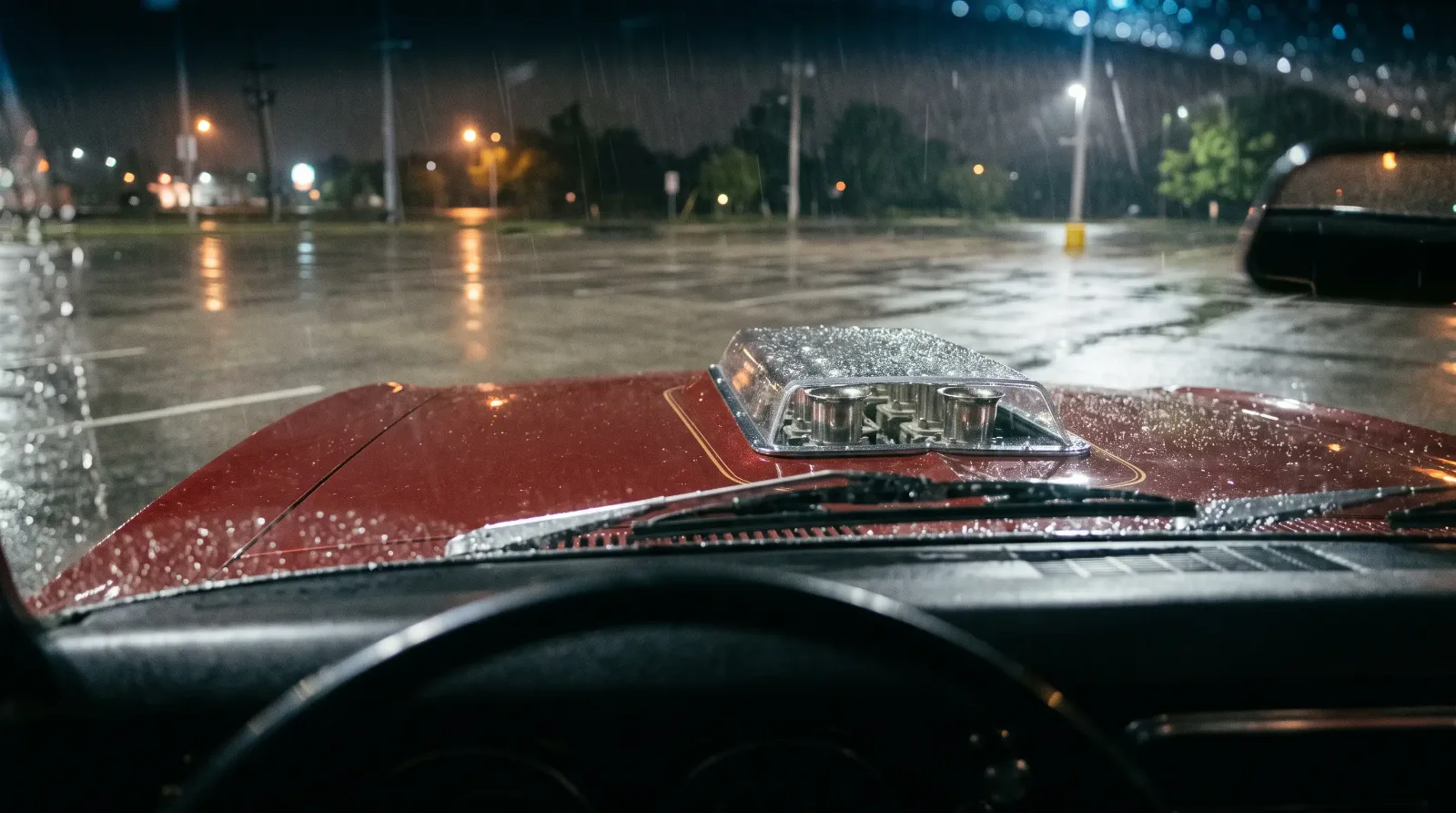 1967 Chevrolet Camaro Cherokee, Weber stacks under the clear hood window in the rain