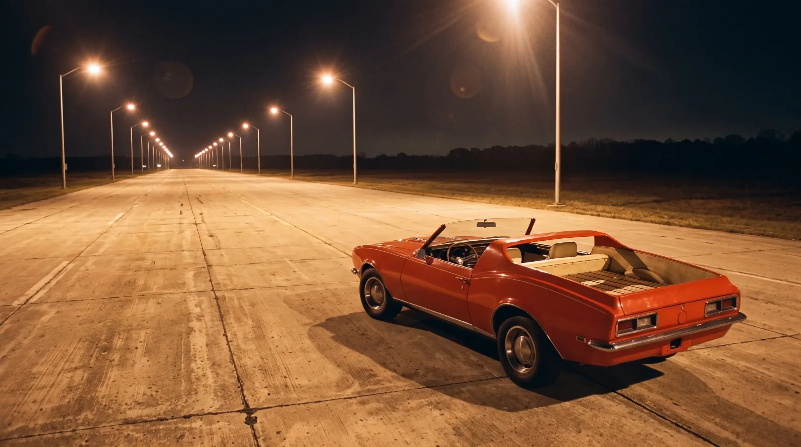 1968 Chevrolet Camaro Caribe, parked on a proving ground at night