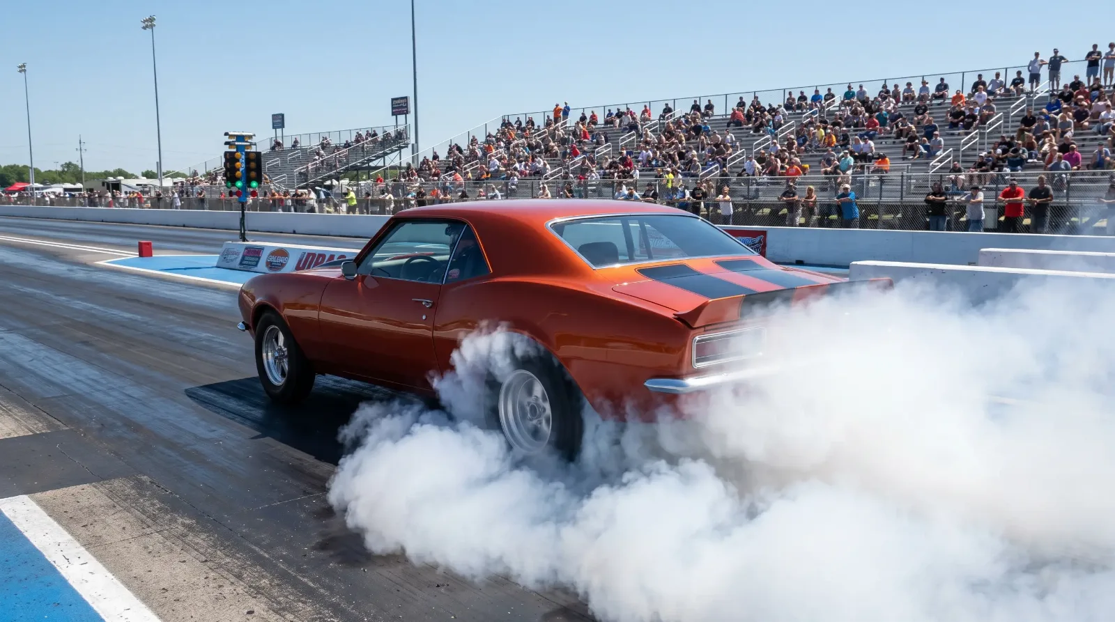 Camaro burnout at the drag strip