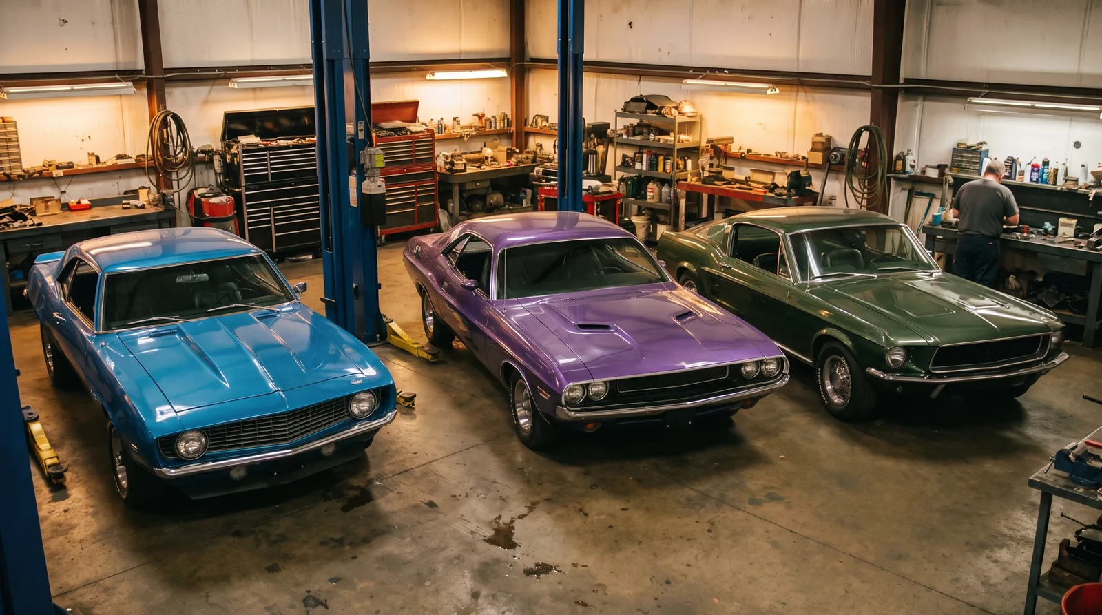 1969 Camaro, 1970 Challenger and 1967 Mustang fastback, restoration workshop
