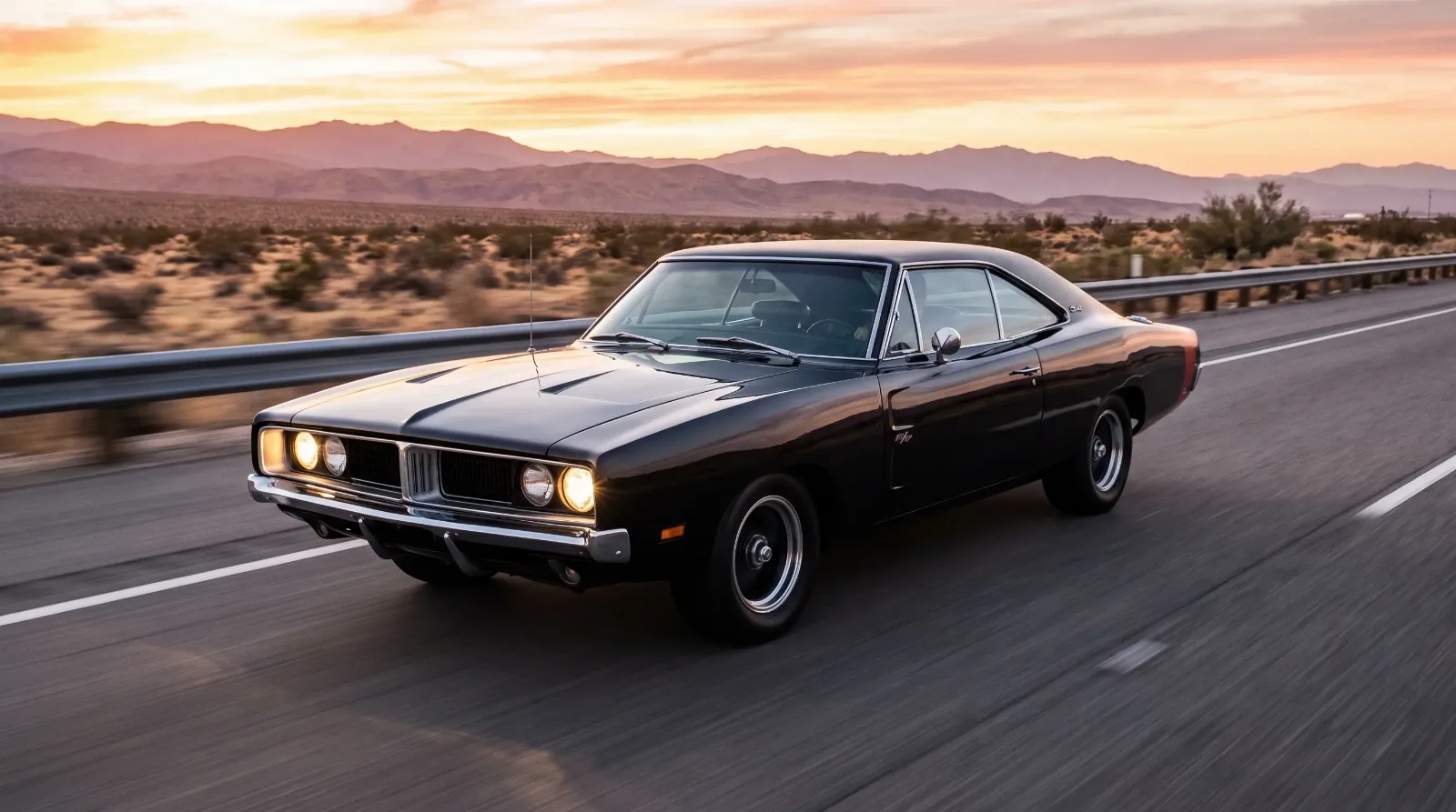 Black 1969 Dodge Charger speeding down a desert interstate at dawn