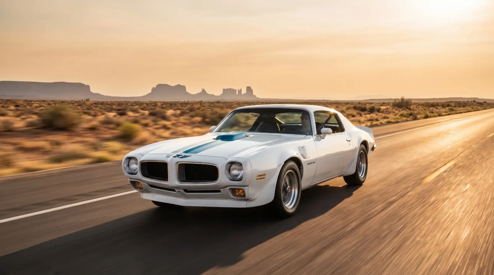 1970 Pontiac Firebird Trans Am on desert interstate