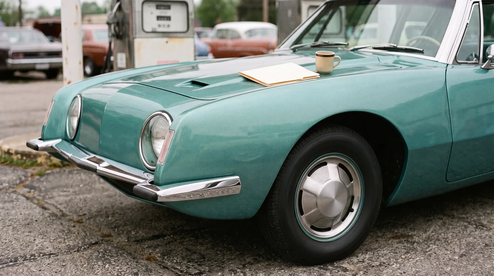 Club papers and coffee on the hood at an old gas station with a 1963 Studebaker Avanti