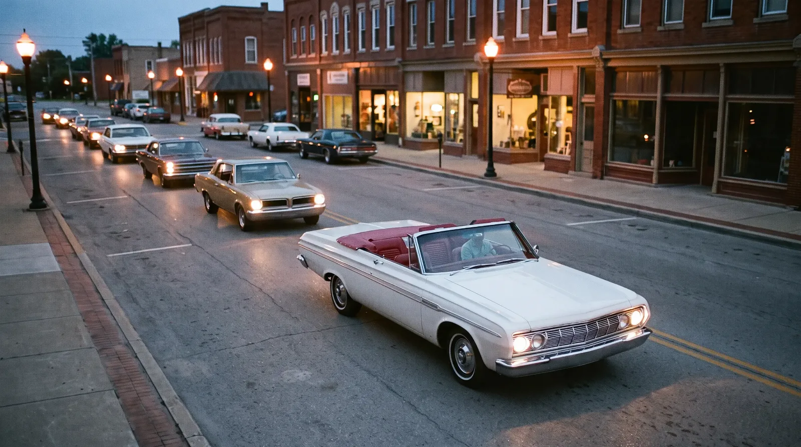 Club tour at dusk on a small-town main street led by a 1964 Plymouth Sport Fury convertible