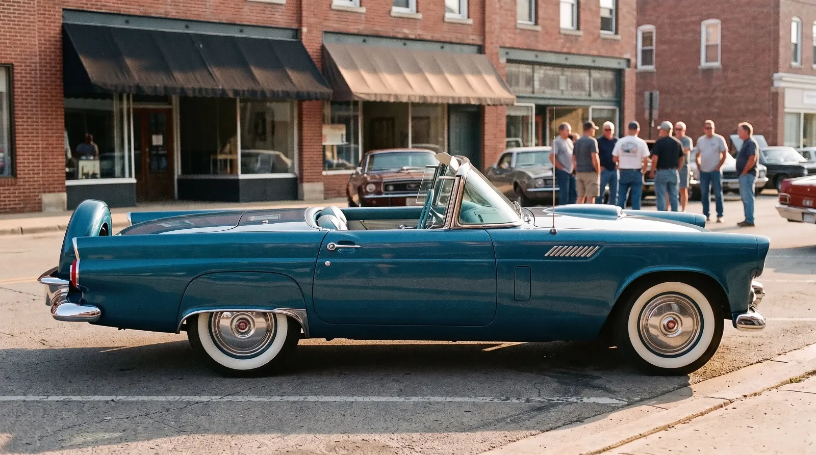 Morning car club meet on a brick main street with a 1956 Ford Thunderbird