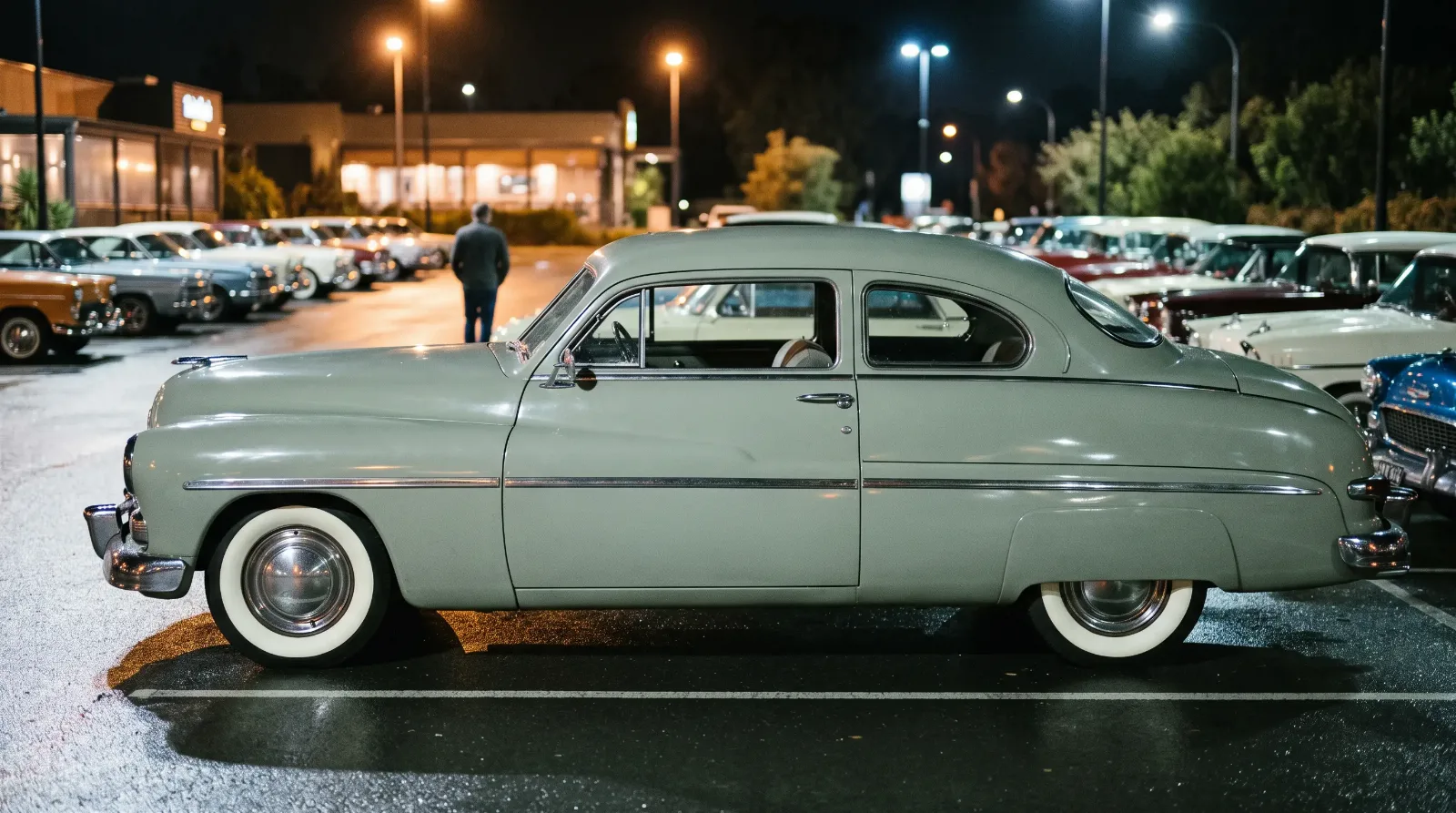 Night car club meet in a restaurant parking lot with a 1950 Mercury Eight coupe