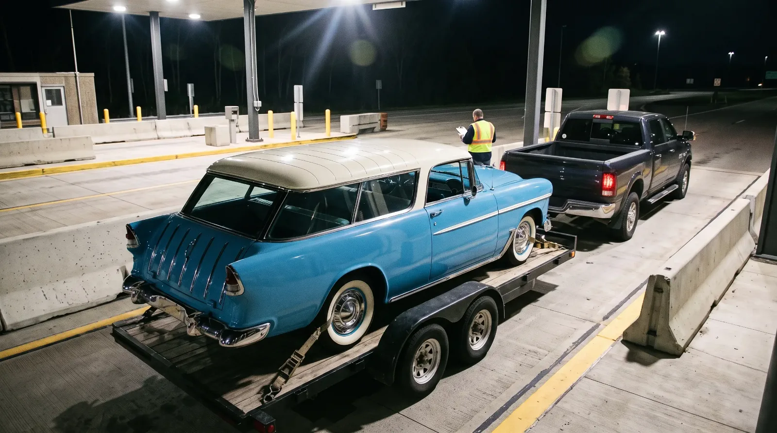 A car trailer stopped at a weigh station at night with a 1955 Chevrolet Nomad