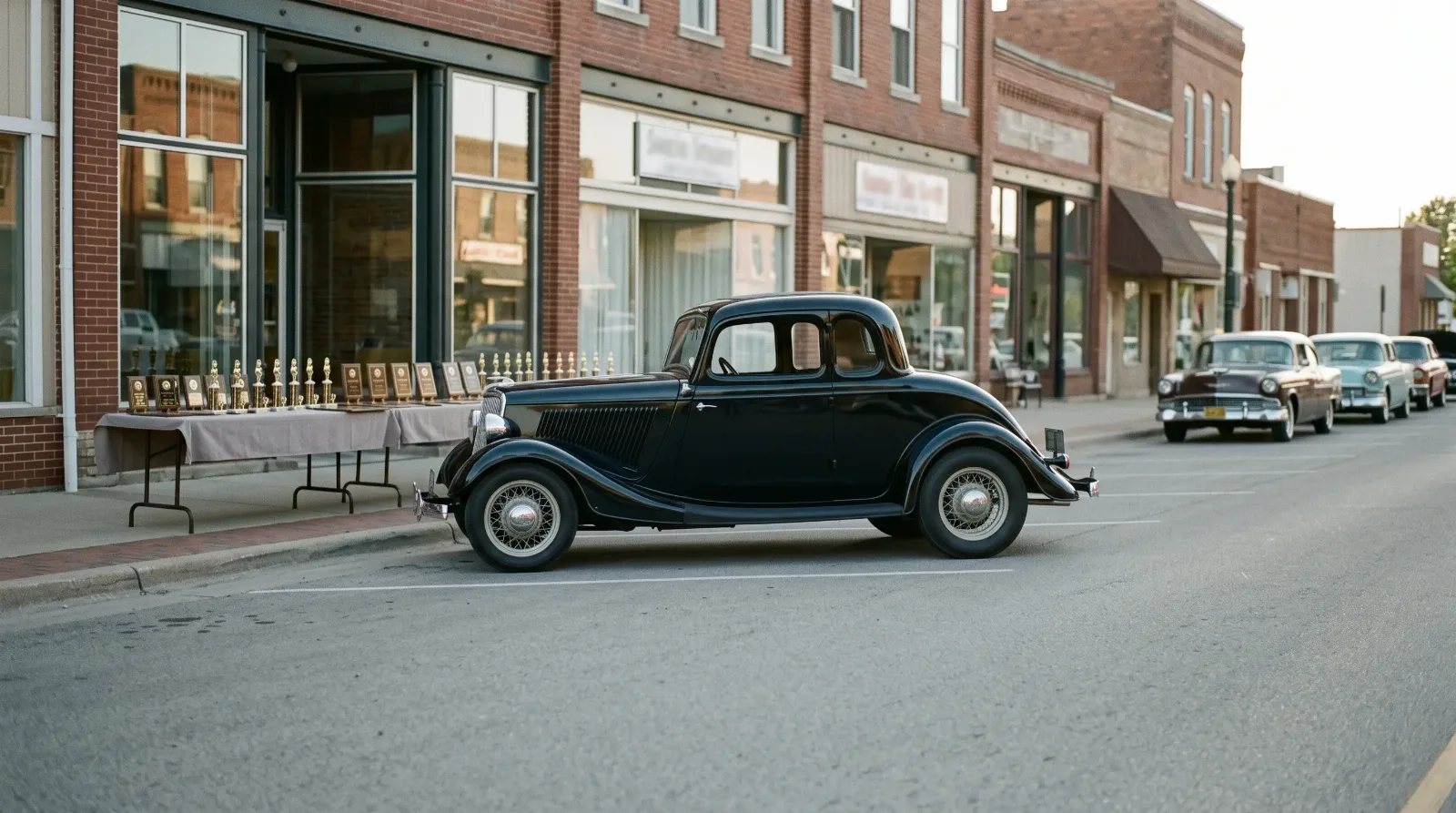 Trophy table on a small-town main street with a 1934 Ford coupe