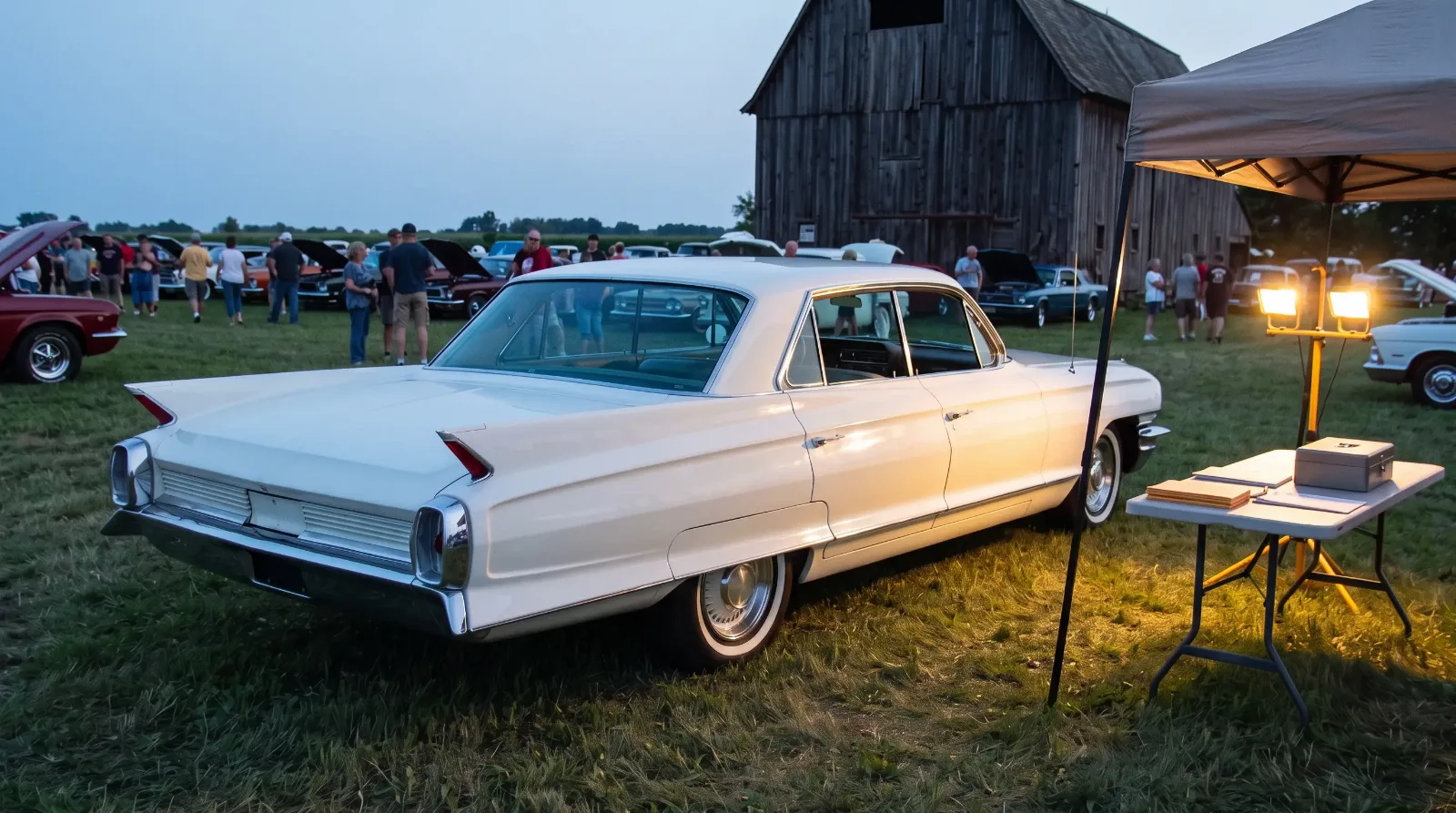 Registration tent at a farm field car show at dusk with a 1962 Cadillac Series 62