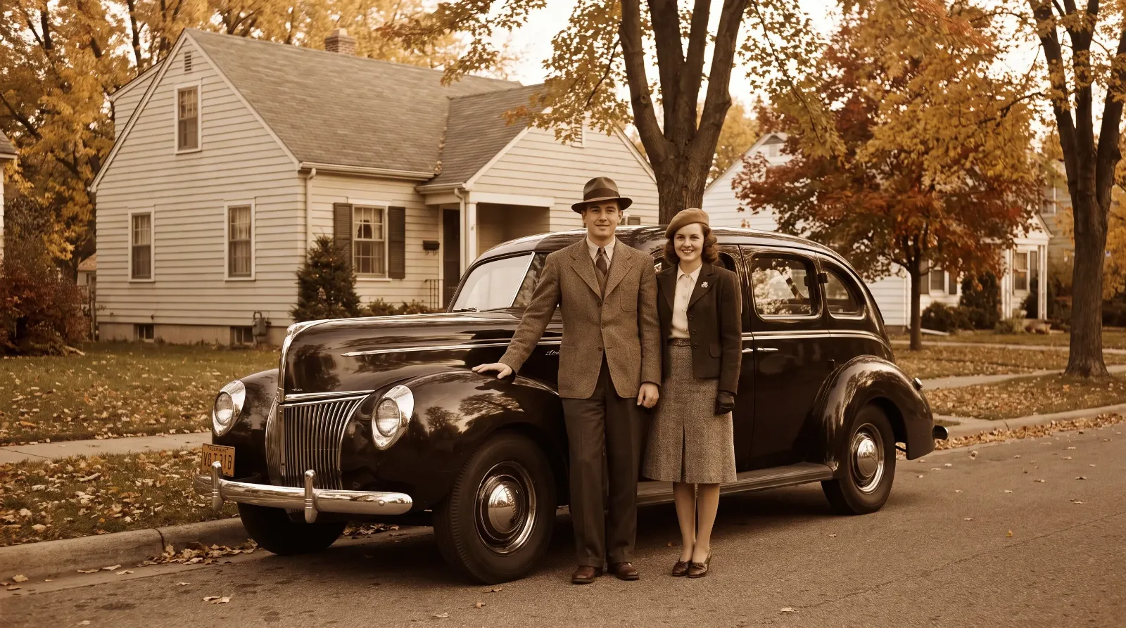 Autumn 1941 — couple beside a new sedan before the freeze