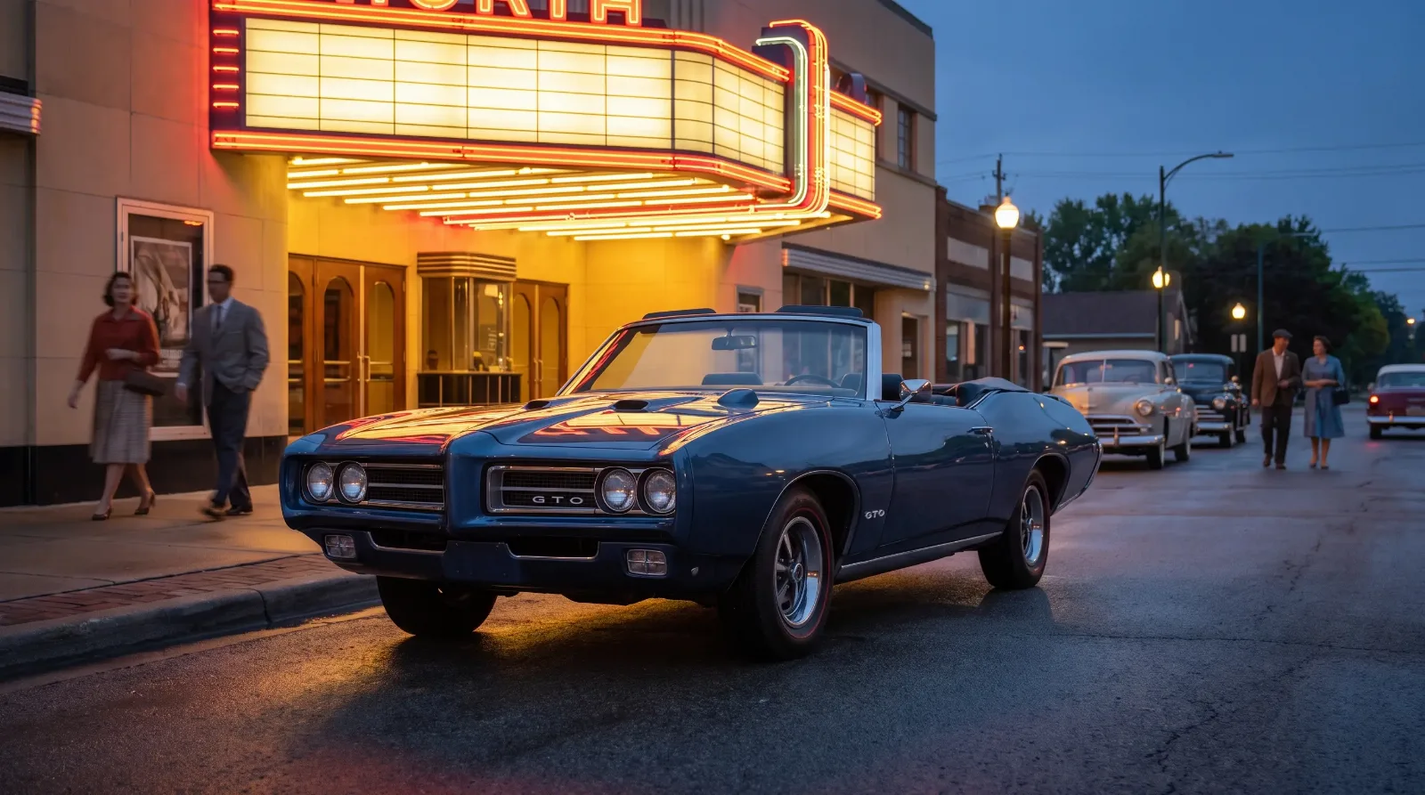 Blue GTO convertible outside a movie theater marquee