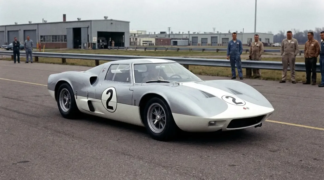 1964 CERV II Corvette all-wheel-drive mid-engine prototype with enclosed silver bodywork at GM Milford Proving Grounds in documentary photography style