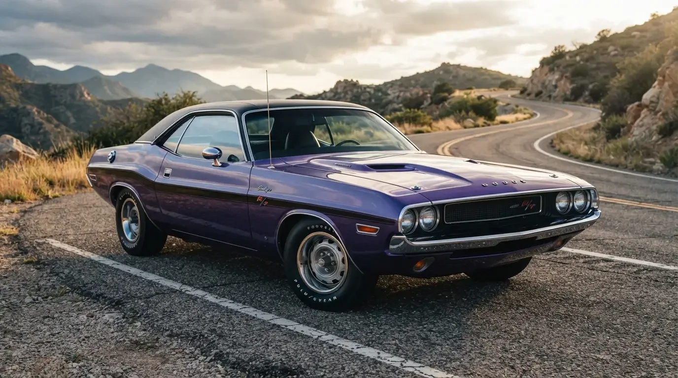 Vintage-style 1970 Dodge Challenger advertisement hero shot