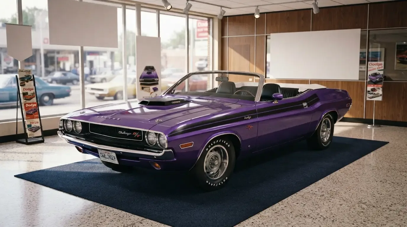 1970 Dodge Challenger convertible at a period dealership launch event