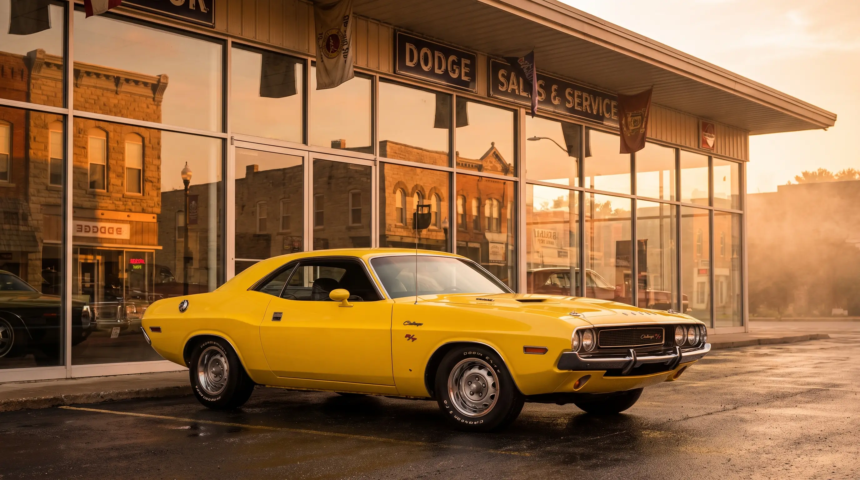 Yellow 1970 Dodge Challenger parked outside a period car dealership showroom
