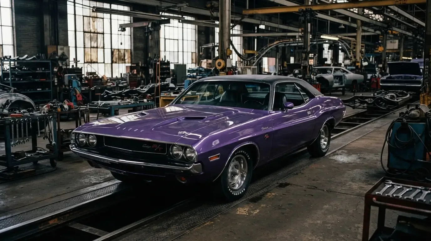 1970 Dodge Challenger on a period factory assembly line
