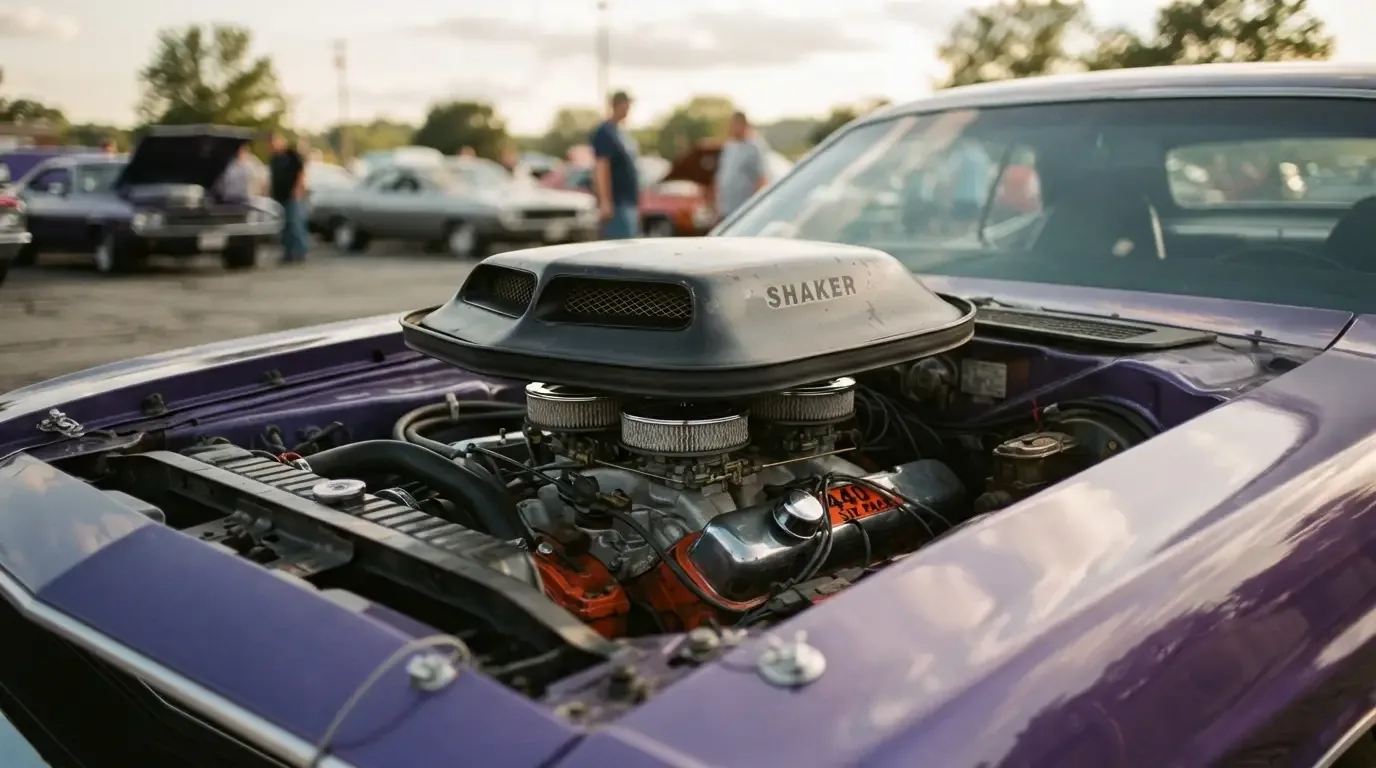1970 Dodge Challenger Shaker hood scoop close-up