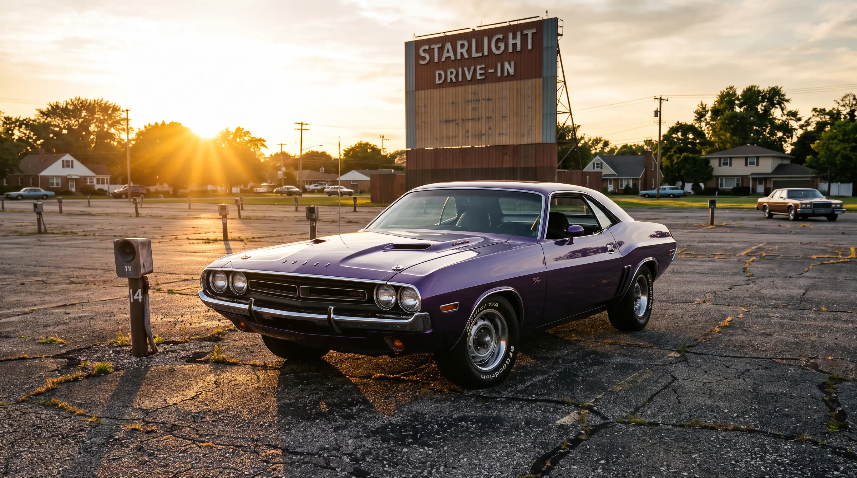 1972 Dodge Challenger in plum purple at a drive-in movie lot at golden hour