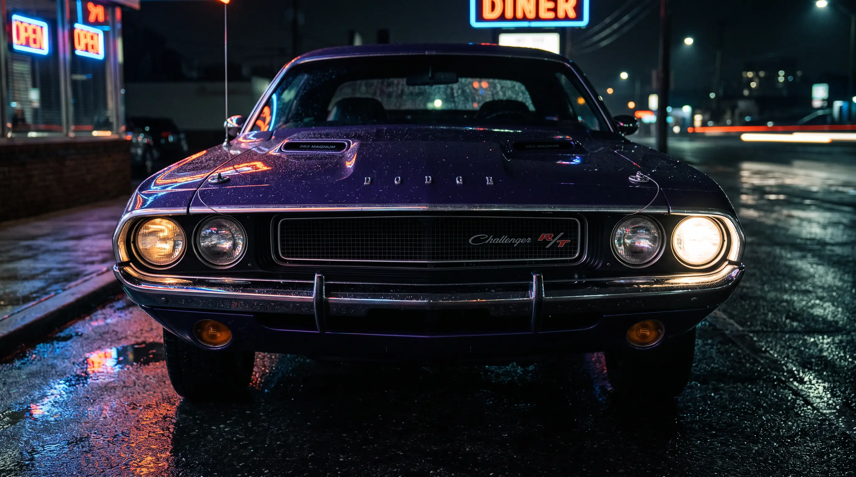 Close up of the split two piece grille on a 1971 Dodge Challenger at night