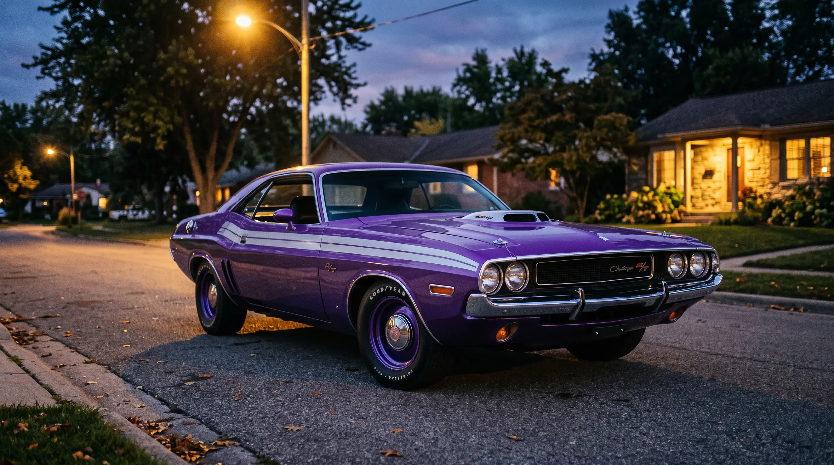 Purple 1971 Dodge Challenger R/T with twin loop grille on a suburban street at dusk