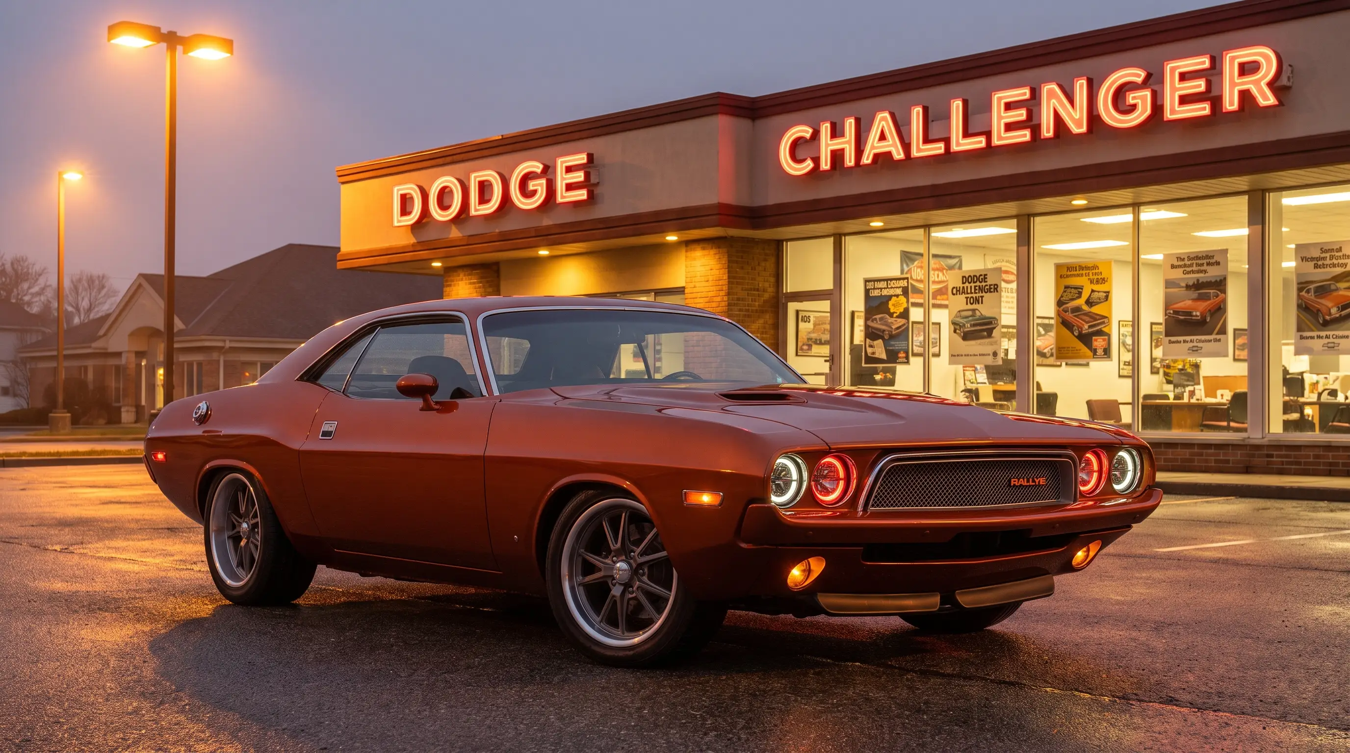 1973 Dodge Challenger Rallye with updated grille at a dusk dealership lot