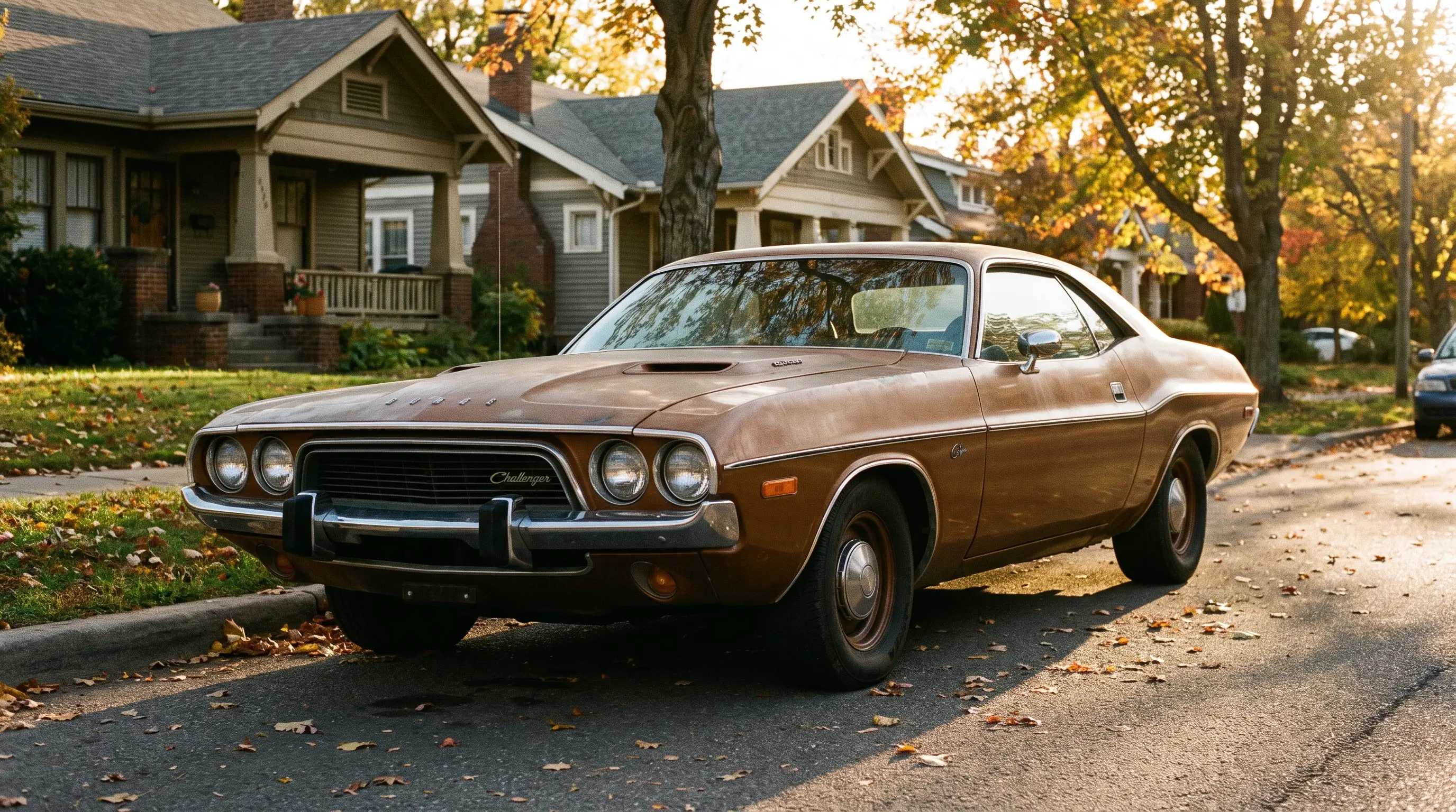 Bronze 1973 Dodge Challenger with heavy federal bumpers on a suburban street