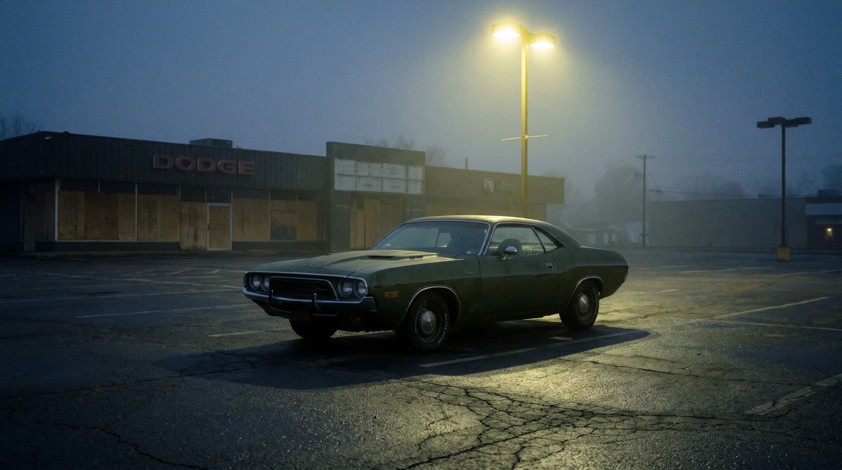 Dark green 1974 Challenger alone in an empty dealership lot at dusk