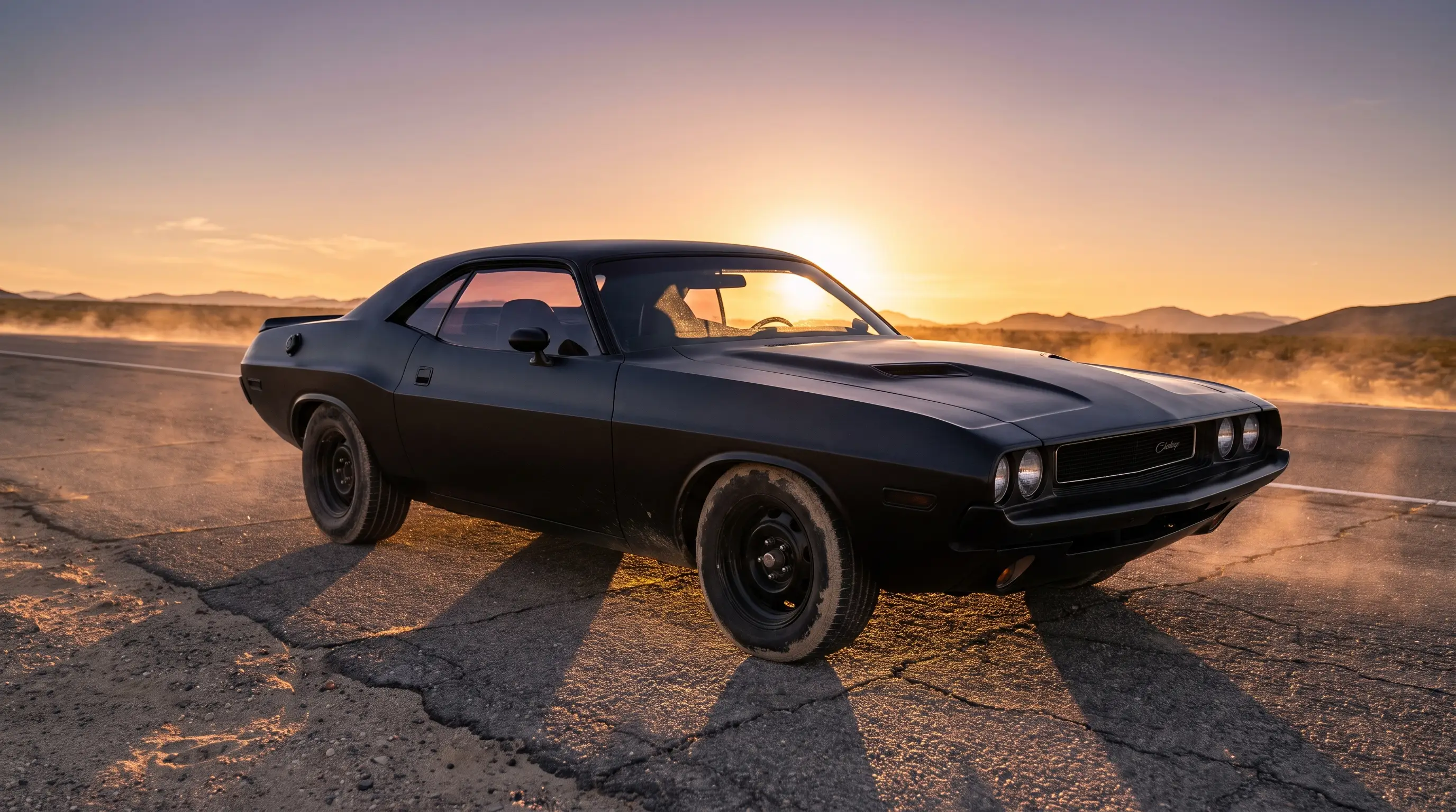 Matte black 1970 Dodge Challenger on a sunbaked highway shoulder at sunset