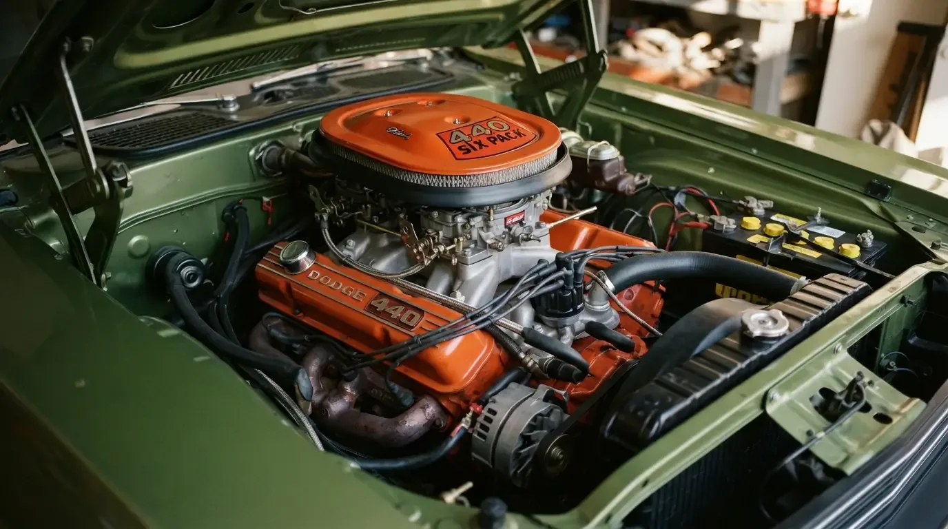 440 Six Pack V8 engine bay with triple two-barrel carburetors