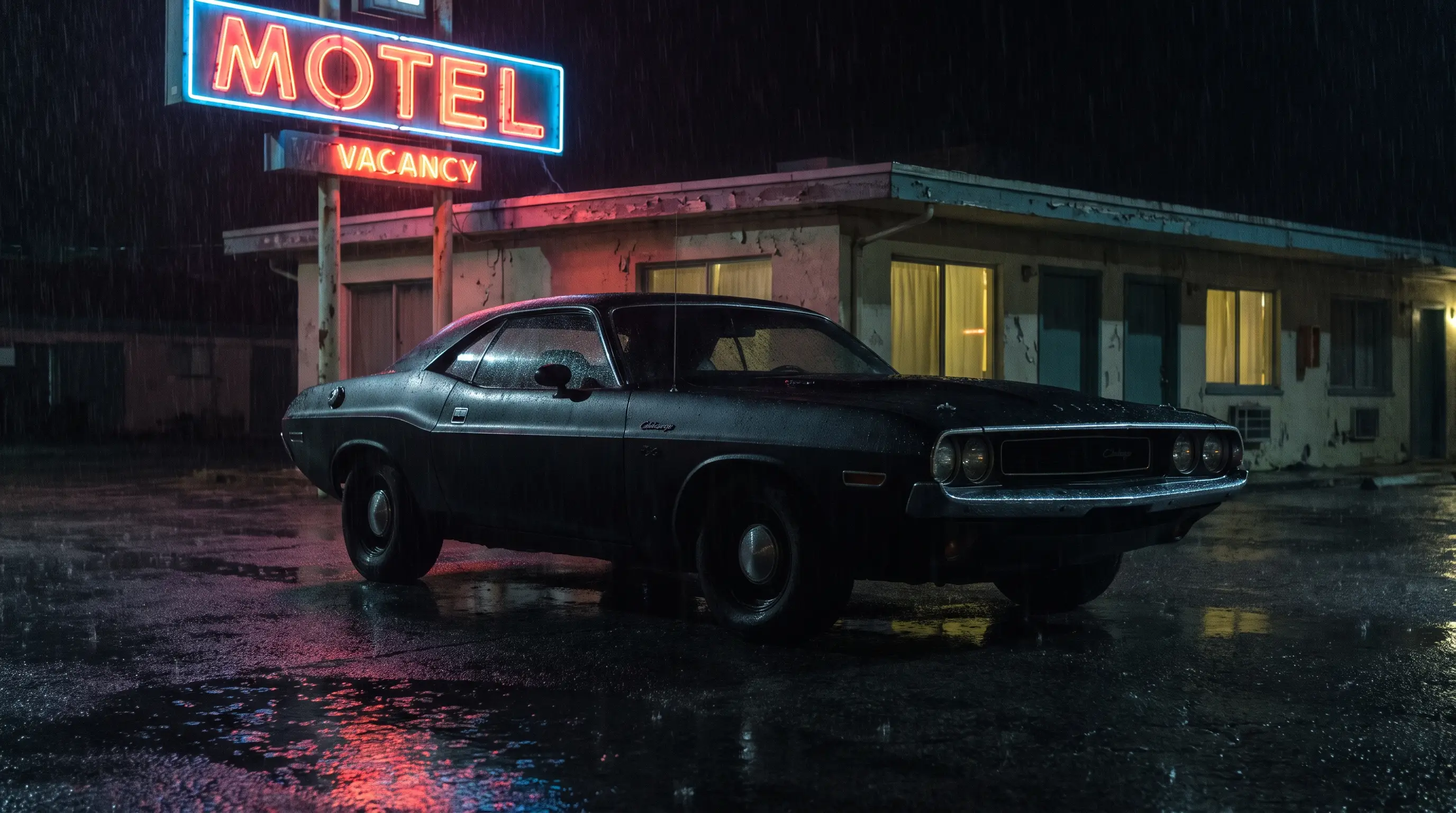 Matte black Dodge Challenger under neon motel sign at night, noir mood