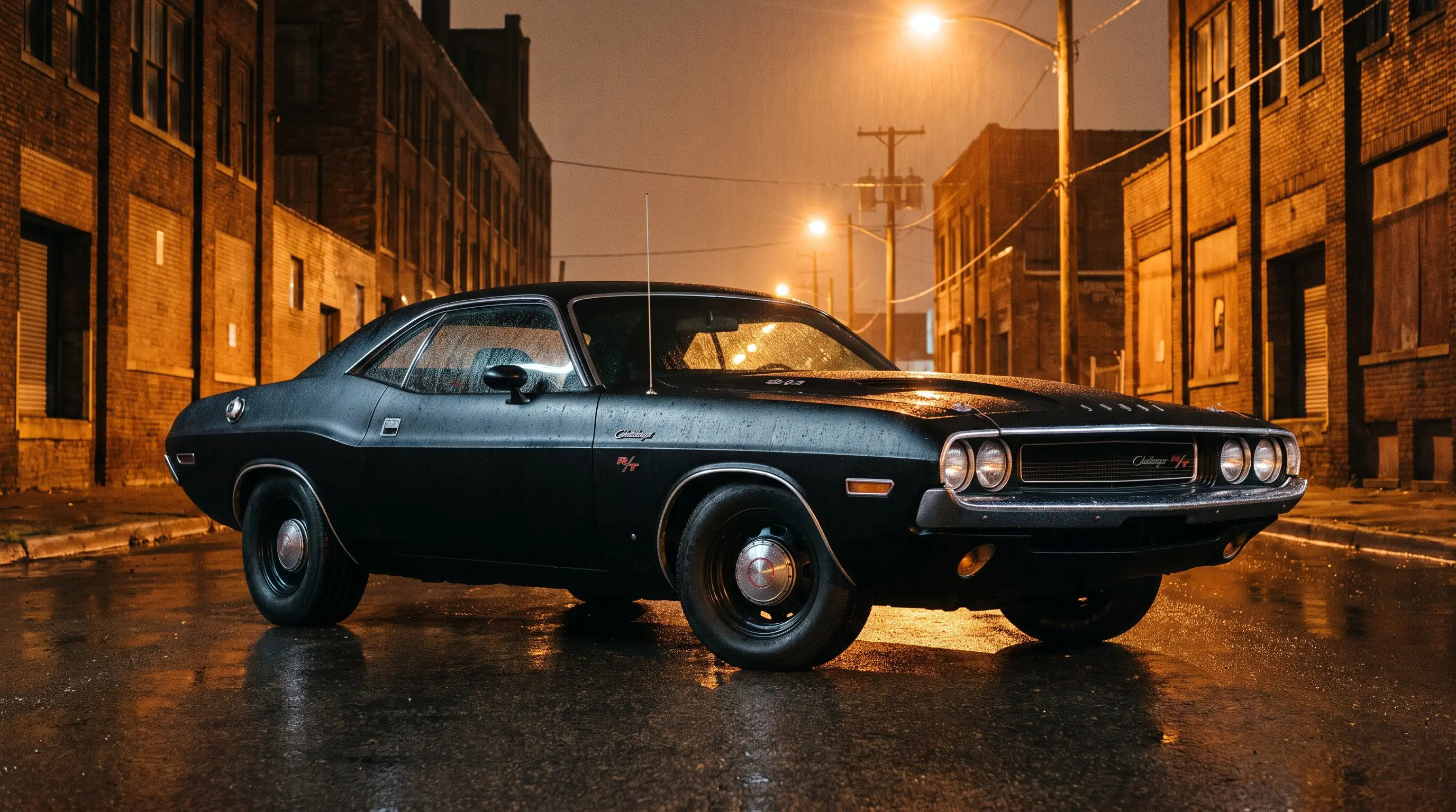 Matte black 1970 Dodge Challenger Black Ghost on a wet Detroit street at night