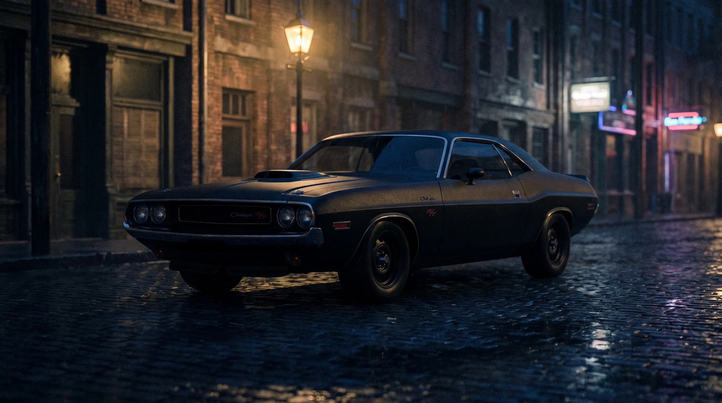 Matte black 1970 Dodge Challenger RT under a streetlamp on a deserted night street
