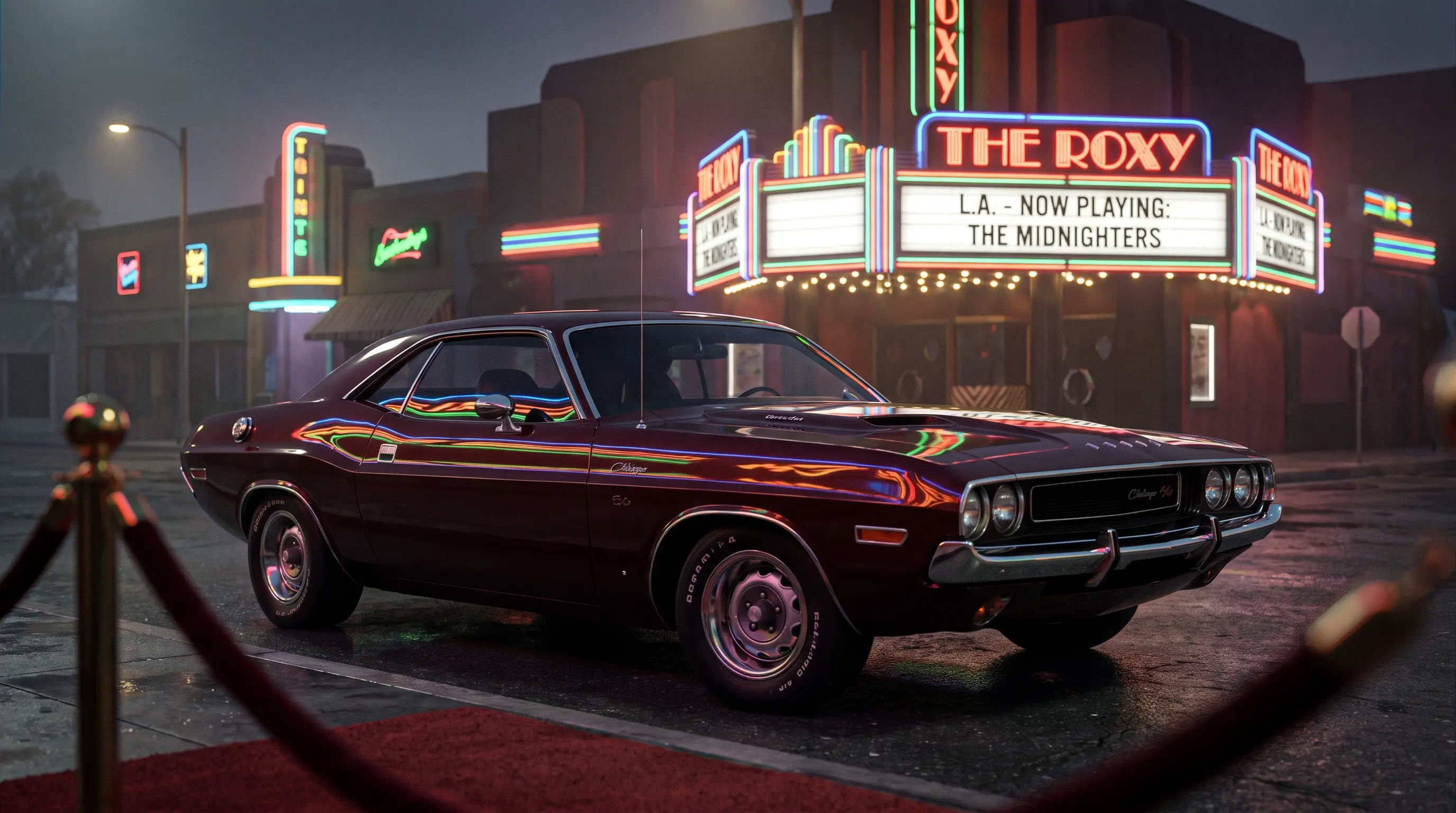 Classic Dodge Challenger parked outside a glowing Hollywood nightclub at night