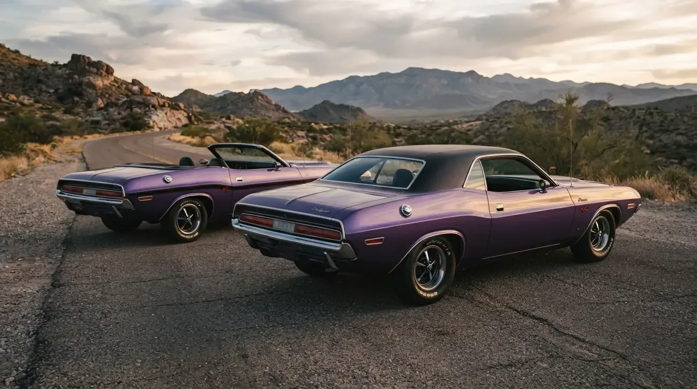 1970 Dodge Challenger R/T in Plum Crazy purple High Impact paint next to a matching convertible