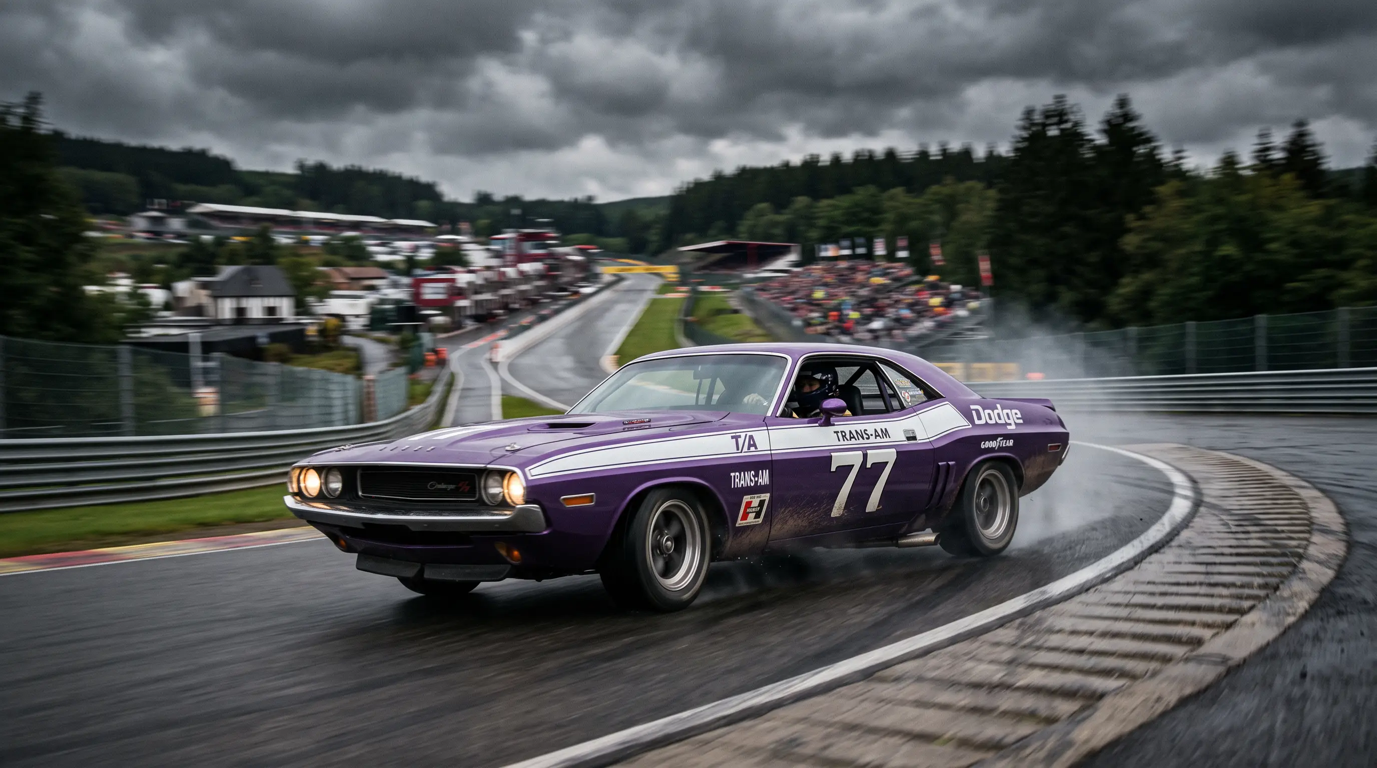 Classic Dodge Challenger racing on a European style circuit under moody skies